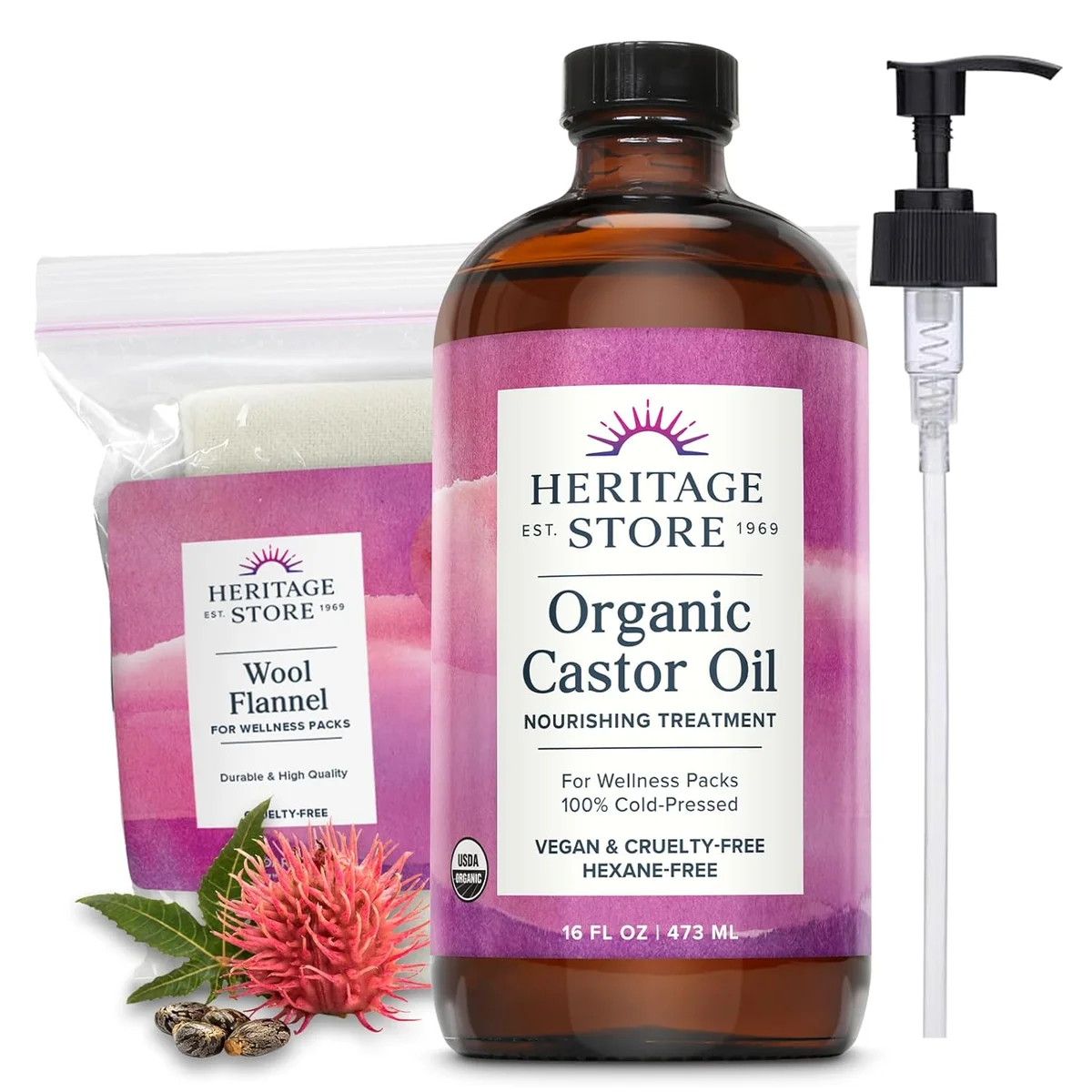 HERITAGE STORE Organic Castor Oil Pack Wrap Kit 16oz Cold Pressed with Wool Flannel New