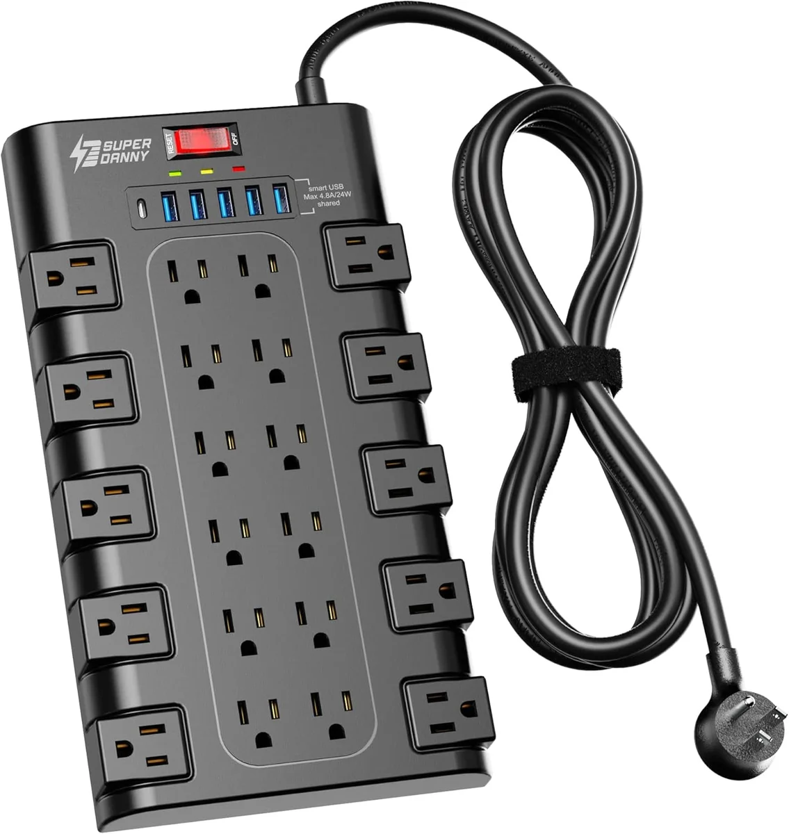 SUPERDANNY Power Strip Surge Protector QR2260-U 22 AC Outlets 6 USB Ports 1875W Black New