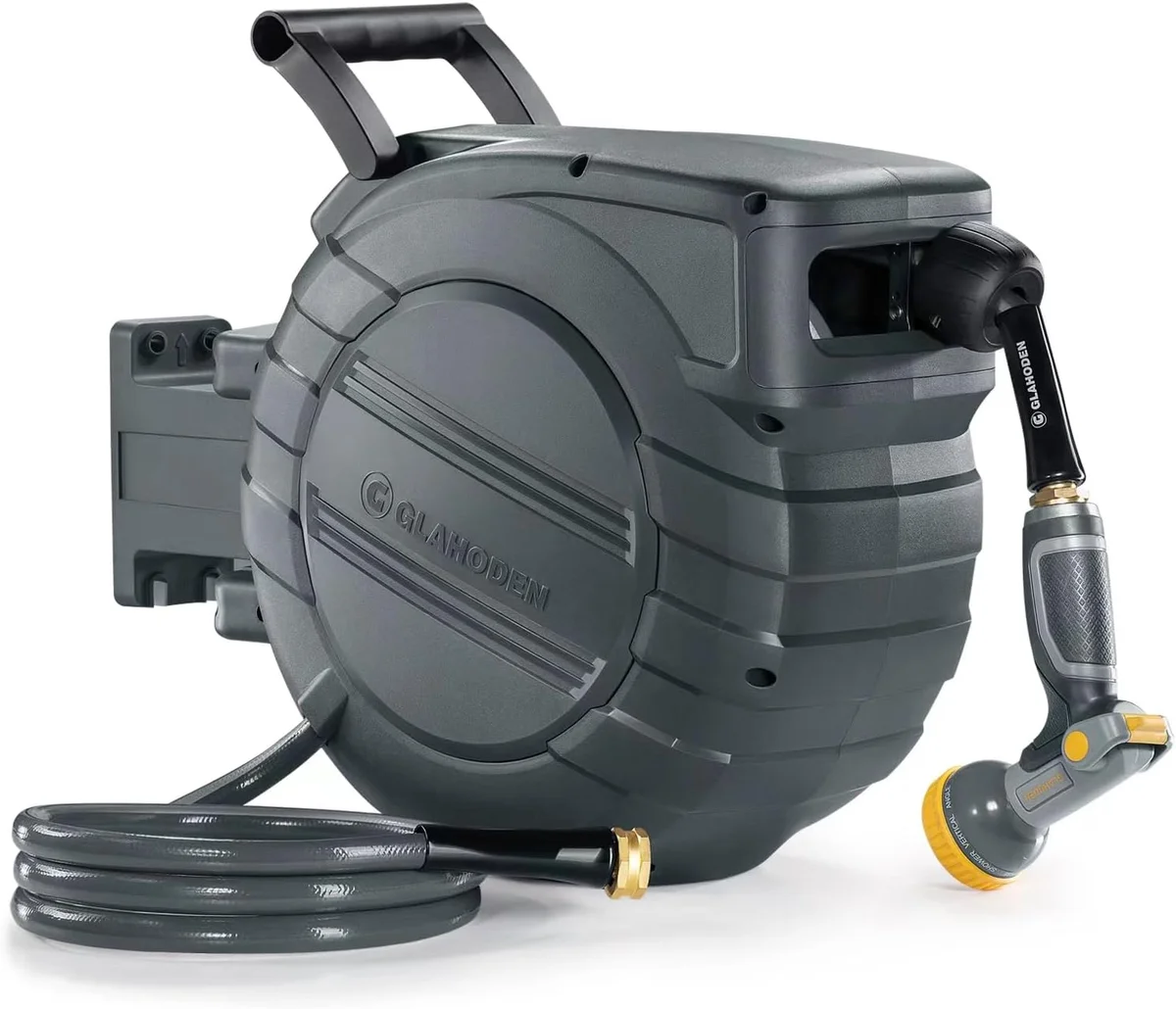 GLAHODEN Retractable Garden Hose Reel 1/2 in x 100 ft NW-J30B-EU Dual Ratchet Lock Dark Gray New