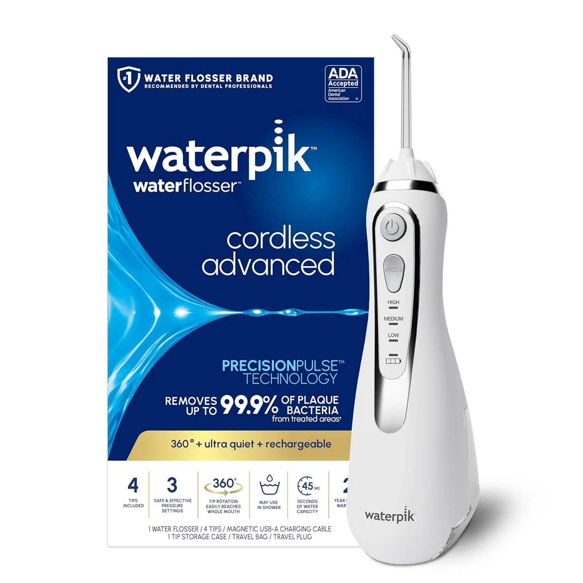 Waterpik Cordless Advanced Water Flosser WP-580 3 Pressure Settings Portable Waterproof White New