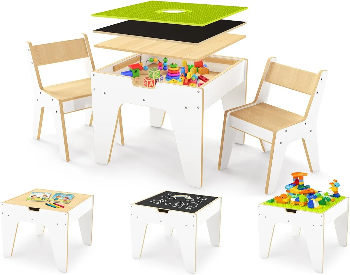 WINGYZ 4-in-1 Wooden Kids Activity Table WZ291001 22''D x 21''W x 18''H Birch Marine Plywood 1 Table + 2 Chairs New