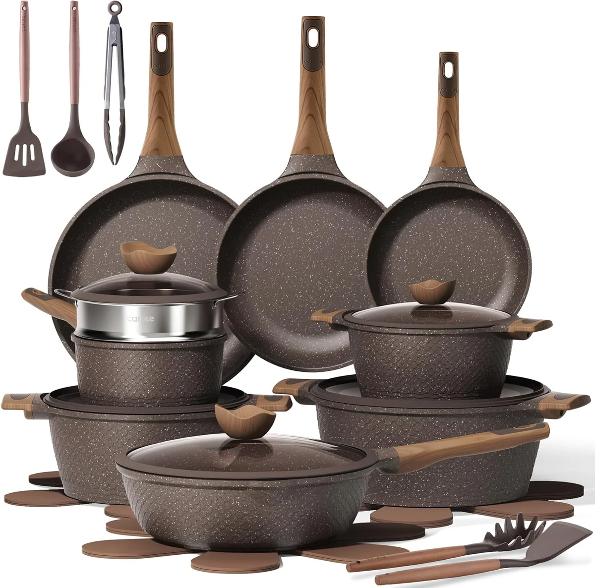 CAROTE 26PCS Pots and Pans Set Non Stick A12863 Induction Compatible Aluminum Brown New