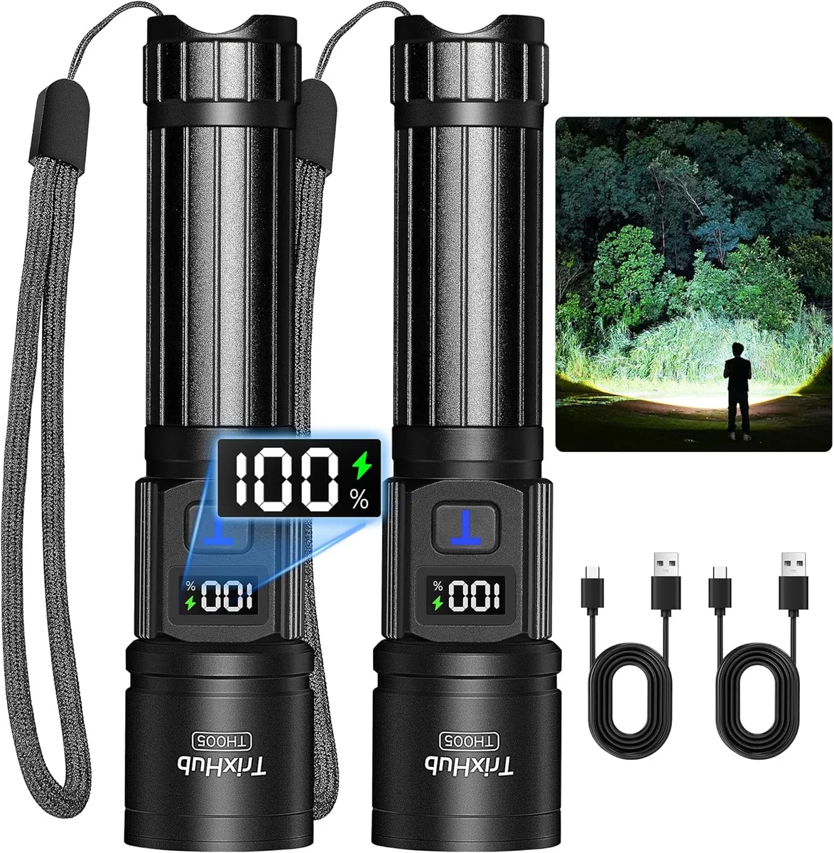 TrixHub Rechargeable Flashlights 2 Pack TH005 5 Modes Zoomable High Lumens Black New