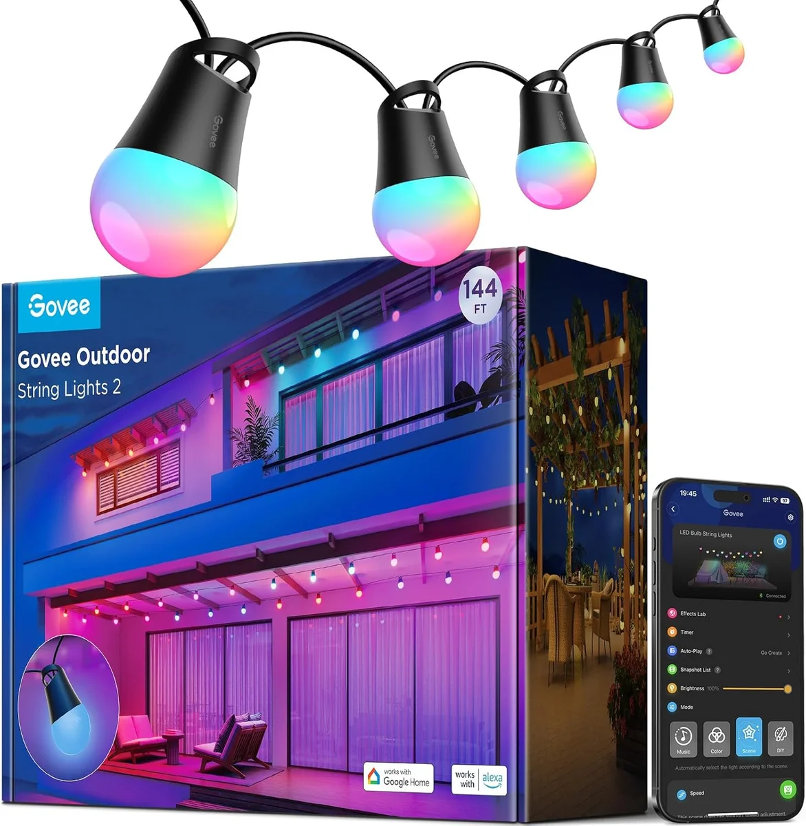 Govee Smart Outdoor String Lights H7039 144ft IP65 Waterproof Dimmable Warm White LED Black New