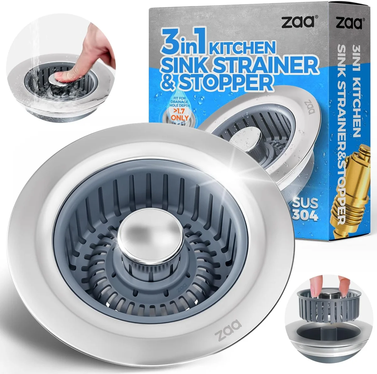 zaa Sink Drain Strainer 3 in 1 Kitchen Sink Stopper Anti-Clogging Silver New