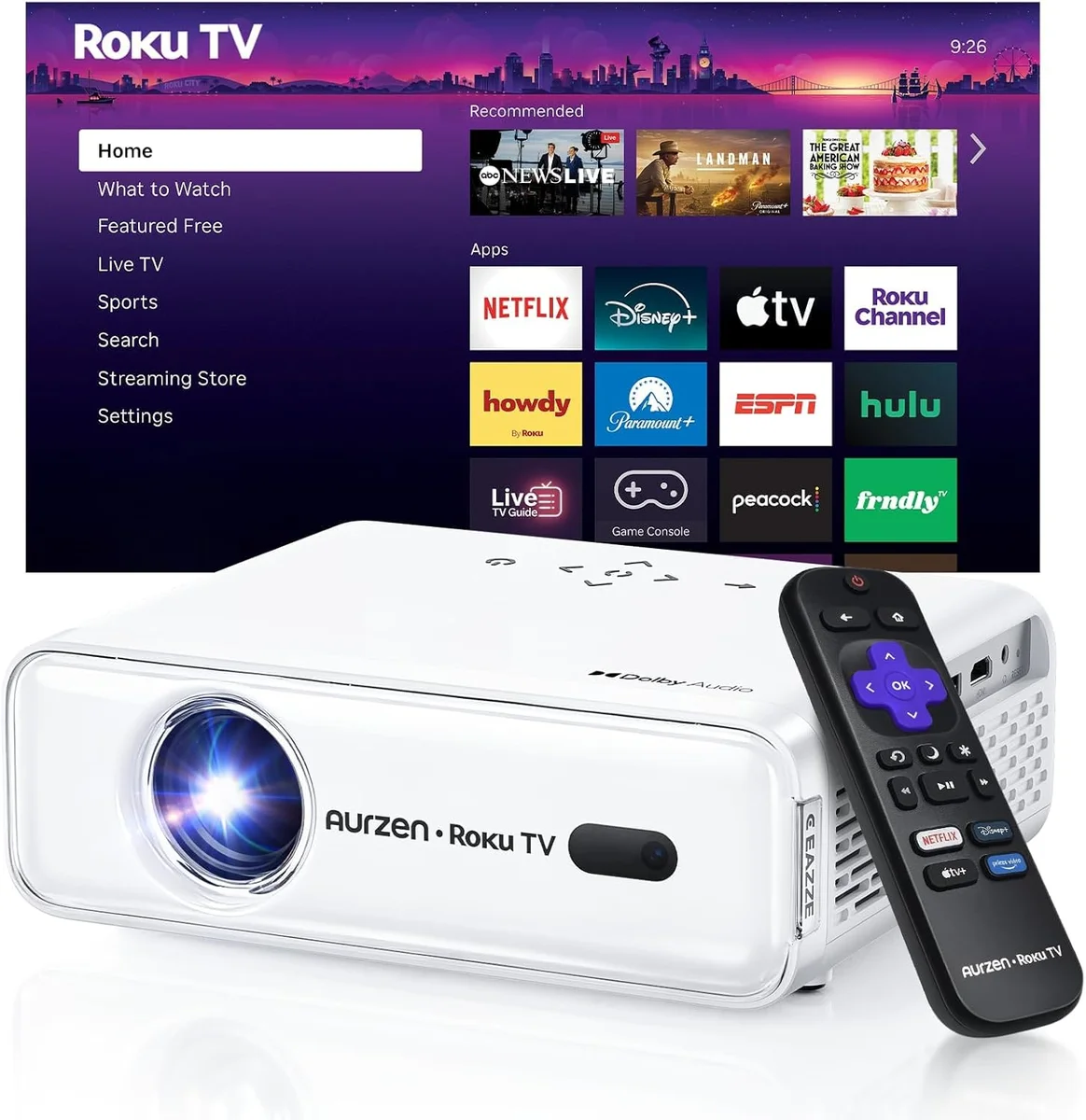 Aurzen Roku TV Smart Projector EAZZE D1R 1080P FHD WiFi Bluetooth White New